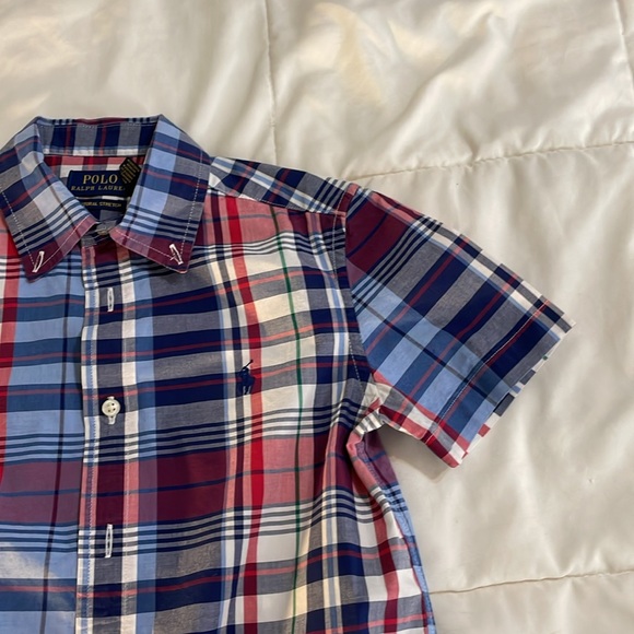 Polo Ralph Lauren. Boys 7 blue, white,red plaid short-sleeve button down shirt. - Picture 2 of 3